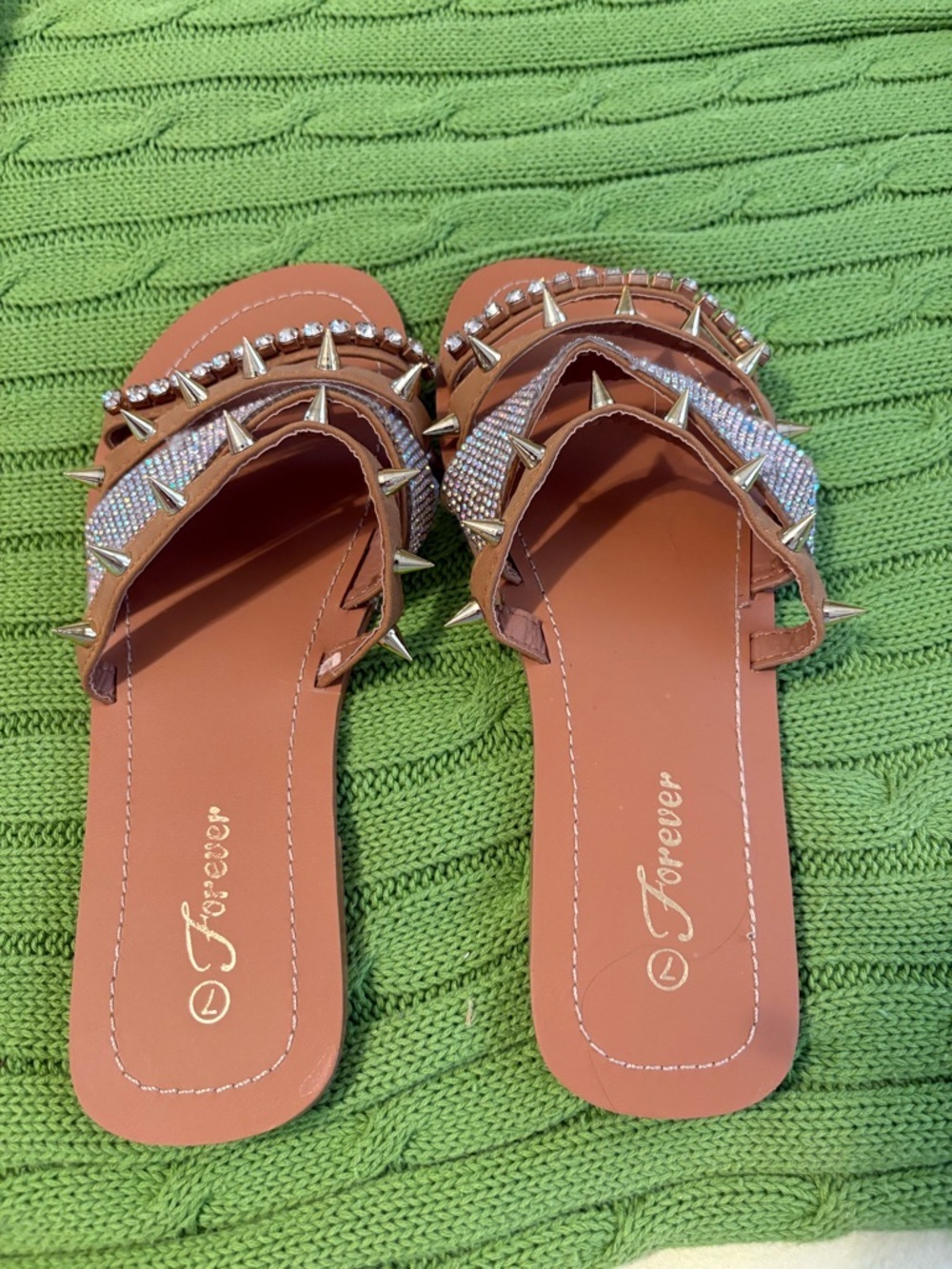 Forever 21 Brown Studded Slide Sandals with Rhinestone Straps